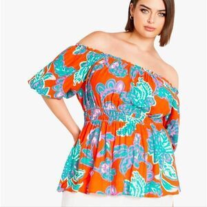 City Chic Sophia red orange aqua tropical floral off shoulder top blouse M/1X 18